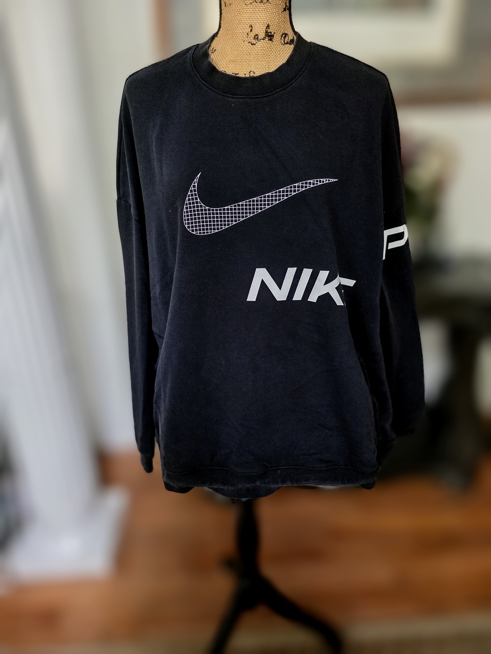 Nike Black Crewneck with White Grid Swoosh and Partial Logo